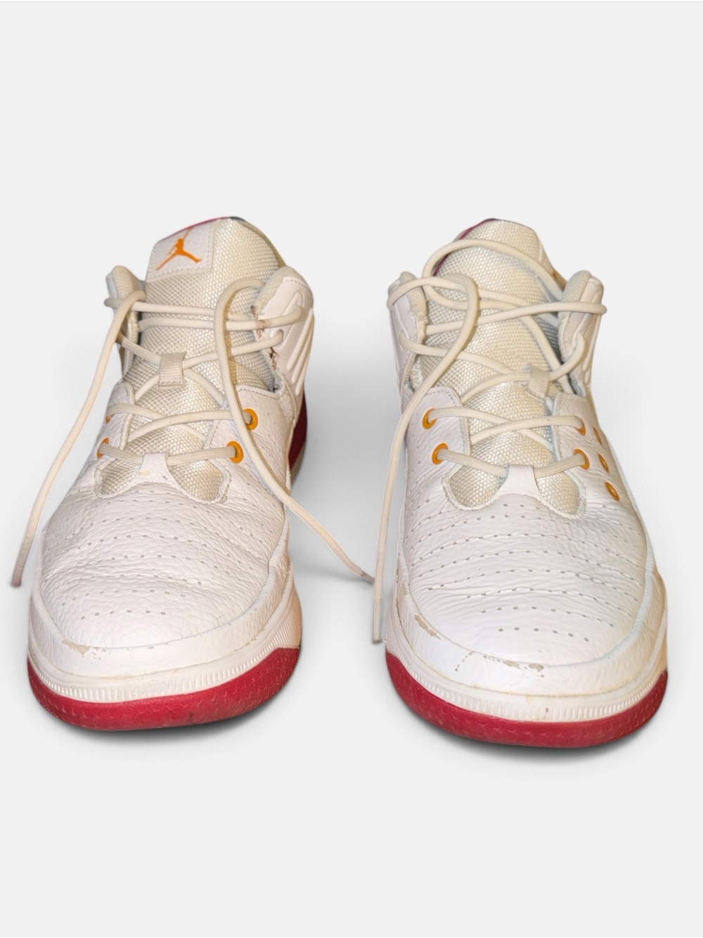 Nike Max Aura 5 White and Red Athletic Shoes with Gold Eyelets